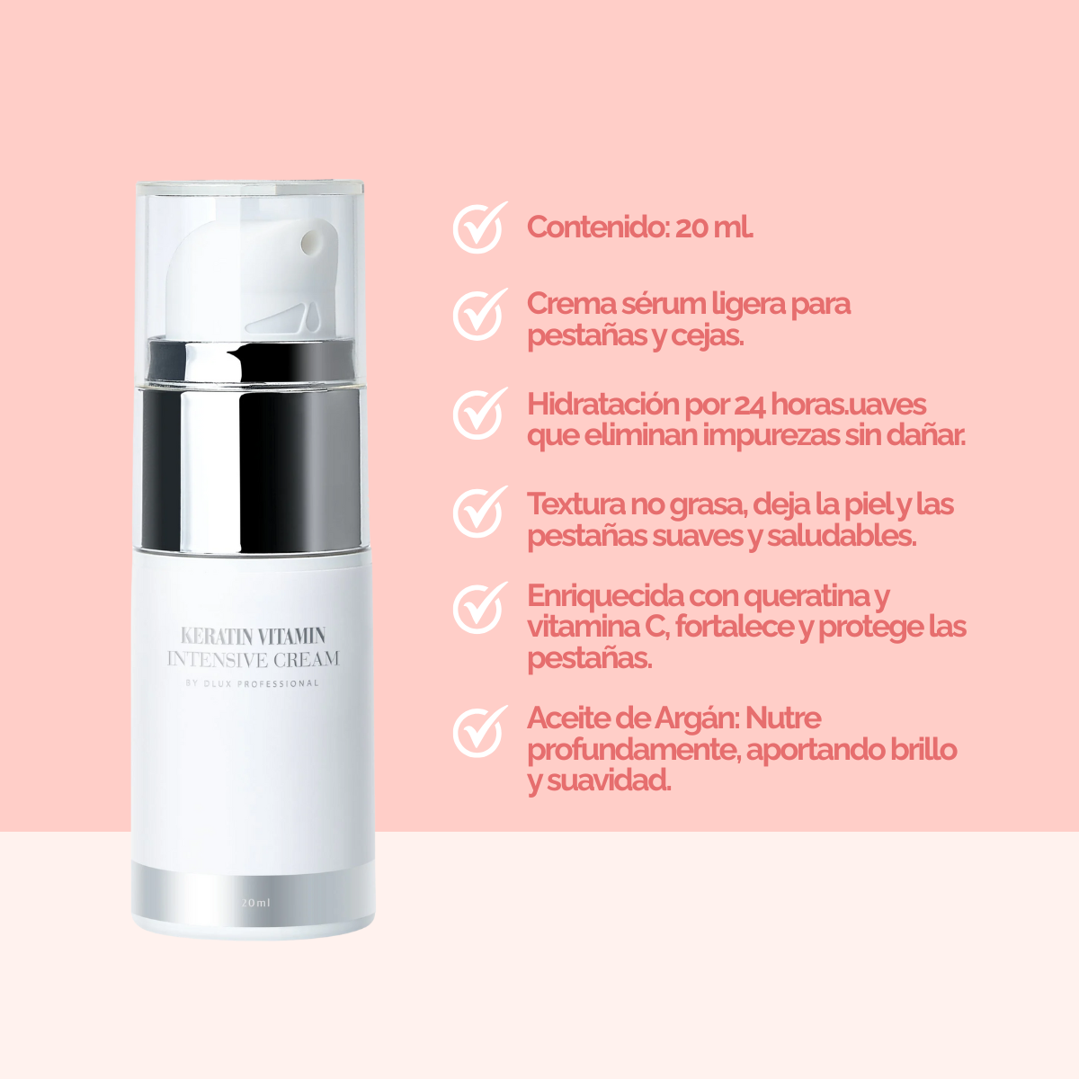 Keratin Vitamin Intensive Cream de DLUX, diseño elegante, textura cremosa ligera, ideal para cuidado post‑lifting de pestañas y cejas