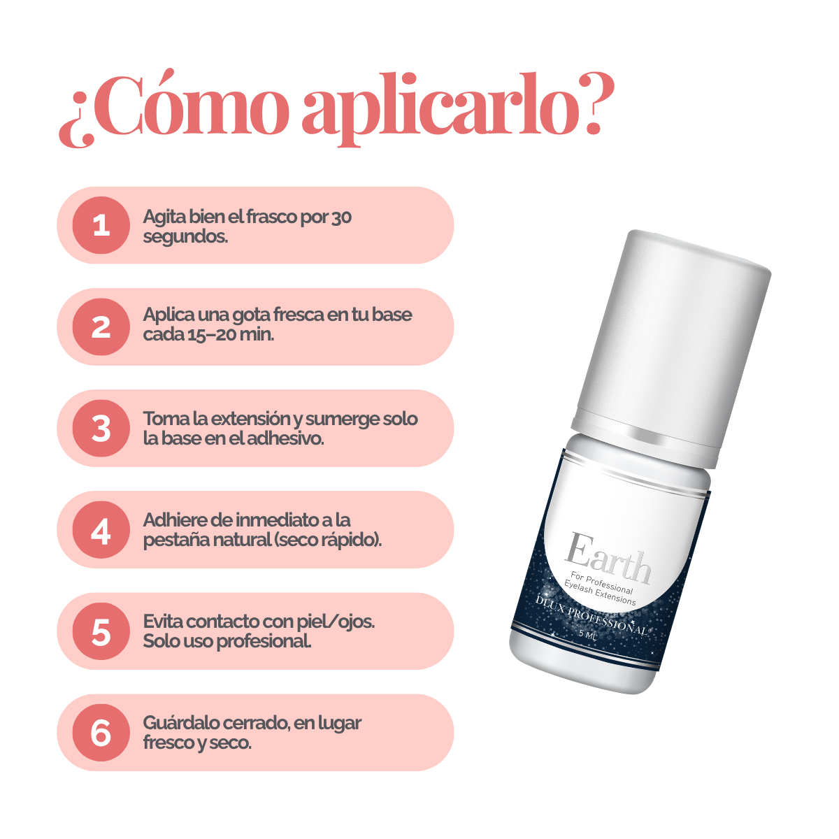 Botella de DLUX Universe Earth Adhesive (pegamento negro para extensiones de pestañas) con fondo claro, diseño de envase sofisticado, aplicador tipo gotero