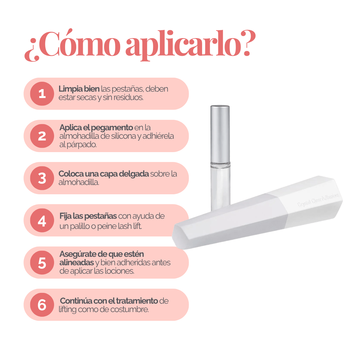 Adhesivo transparente Crystal de 5 ml para lifting de pestañas y laminación de cejas; no gotea, secado rápido, fijación precisa sobre pads de silicona, uso profesional DLUX.