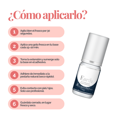 Botella de DLUX Universe Earth Adhesive (pegamento negro para extensiones de pestañas) con fondo claro, diseño de envase sofisticado, aplicador tipo gotero