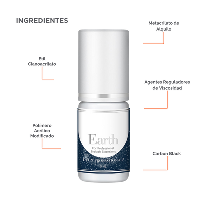 Botella de DLUX Universe Earth Adhesive (pegamento negro para extensiones de pestañas) con fondo claro, diseño de envase sofisticado, aplicador tipo gotero