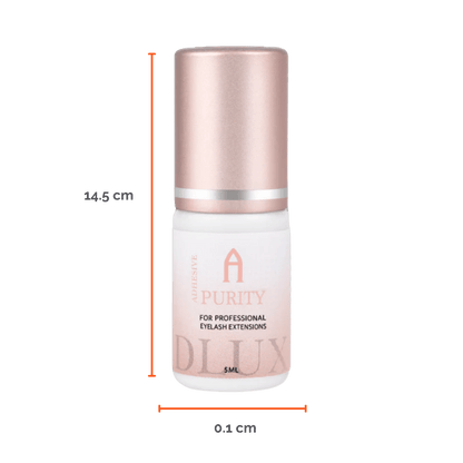 Adhesivo de extensiones de pestañas Purity Alpha Dlux Professional; envase negro de 3 ml/5 ml; destaca por secado ultra rápido, alta retención y fórmula profesional perfecta para volumen y mega volumen