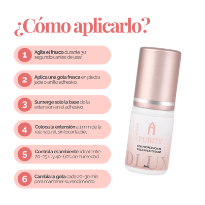 Adhesivo de extensiones de pestañas Purity Alpha Dlux Professional; envase negro de 3 ml/5 ml; destaca por secado ultra rápido, alta retención y fórmula profesional perfecta para volumen y mega volumen