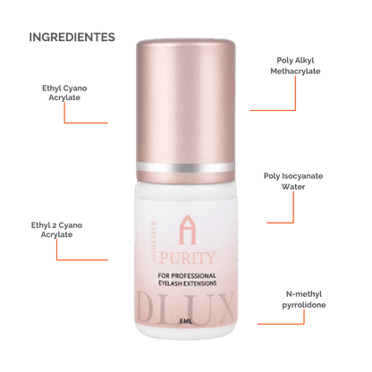 Adhesivo de extensiones de pestañas Purity Alpha Dlux Professional; envase negro de 3 ml/5 ml; destaca por secado ultra rápido, alta retención y fórmula profesional perfecta para volumen y mega volumen