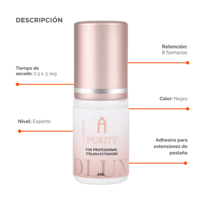 Adhesivo de extensiones de pestañas Purity Alpha Dlux Professional; envase negro de 3 ml/5 ml; destaca por secado ultra rápido, alta retención y fórmula profesional perfecta para volumen y mega volumen