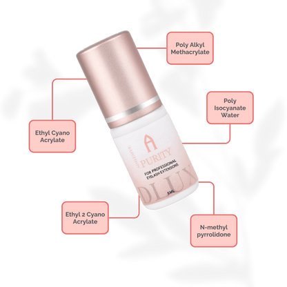 Adhesivo de extensiones de pestañas Purity Alpha Dlux Professional; envase negro de 3 ml/5 ml; destaca por secado ultra rápido, alta retención y fórmula profesional perfecta para volumen y mega volumen